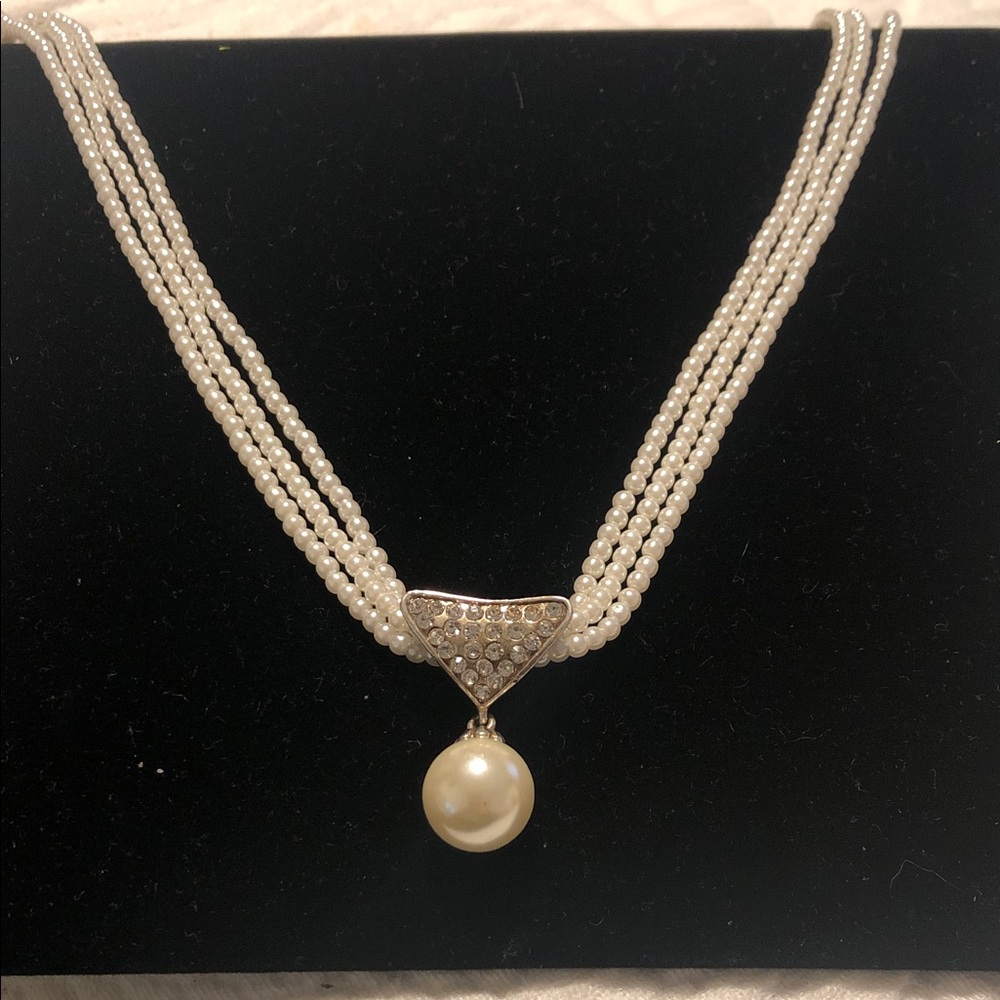 VTG Multi-Strand Pearl Choker Rhinestone Drop Pearl Necklace HG